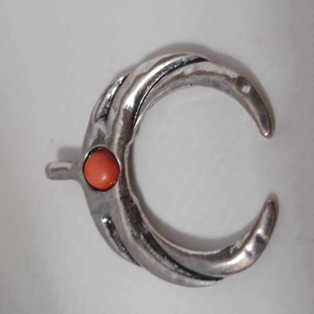 Silvertone Crescent Pendant with Coral Accent